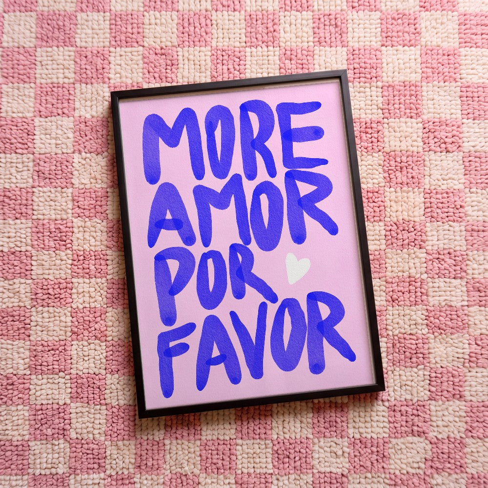 Quadro decorativo More amor por favor- azul com moldura preto