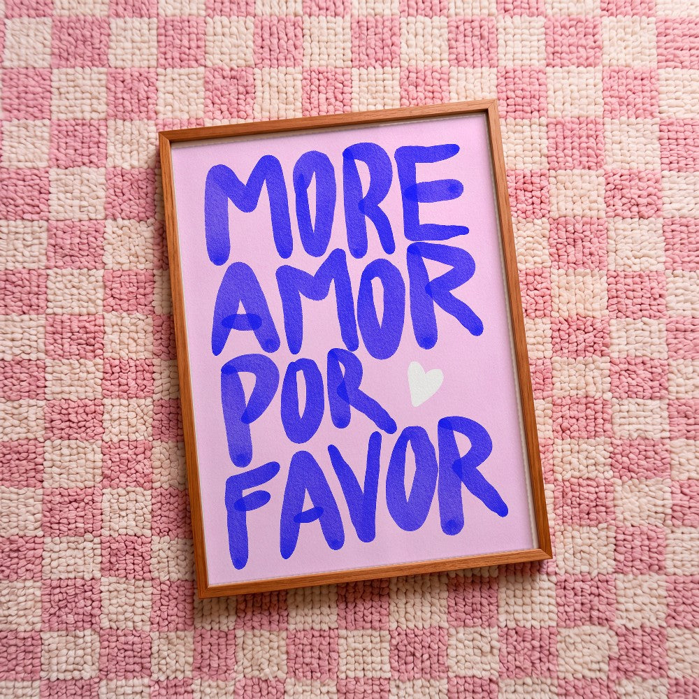 Quadro decorativo More amor por favor- azul com moldura freijó