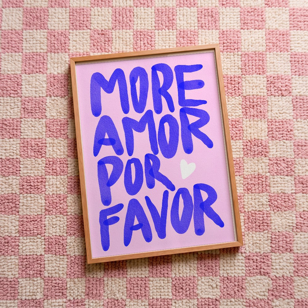 Quadro decorativo More amor por favor- azul com moldura natural