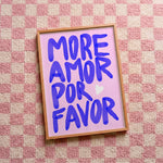 Quadro decorativo More amor por favor- azul com moldura natural