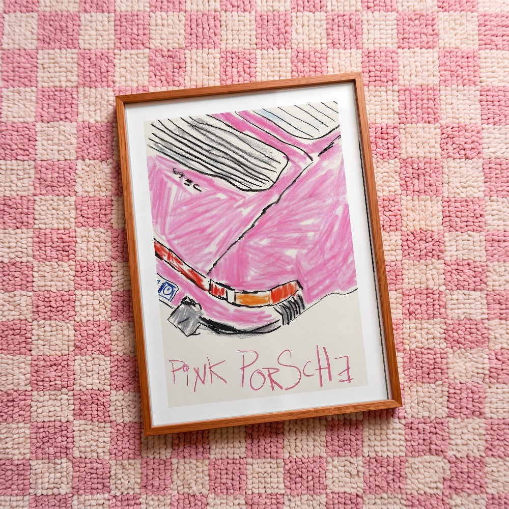 Quadro decorativo Pink porsche Nº2 com moldura freijó